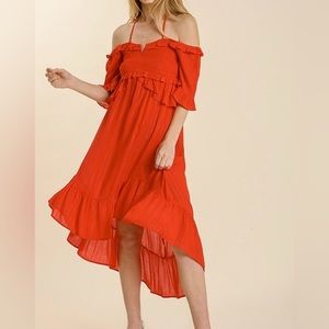 NWT Umgee Smocked Red Off Shoulder Hi-Low Vacation Resort Ruffle Midi Dress